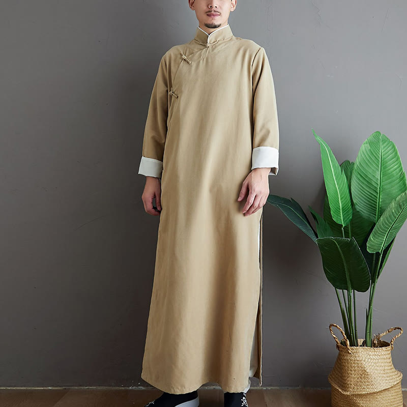 Buddha Stones Fall Solid Color Chinese Frog-Button Cotton Men's Tang Suit Robe - Moccasin - US/UK/AU38，EU48 (XL) - image 9