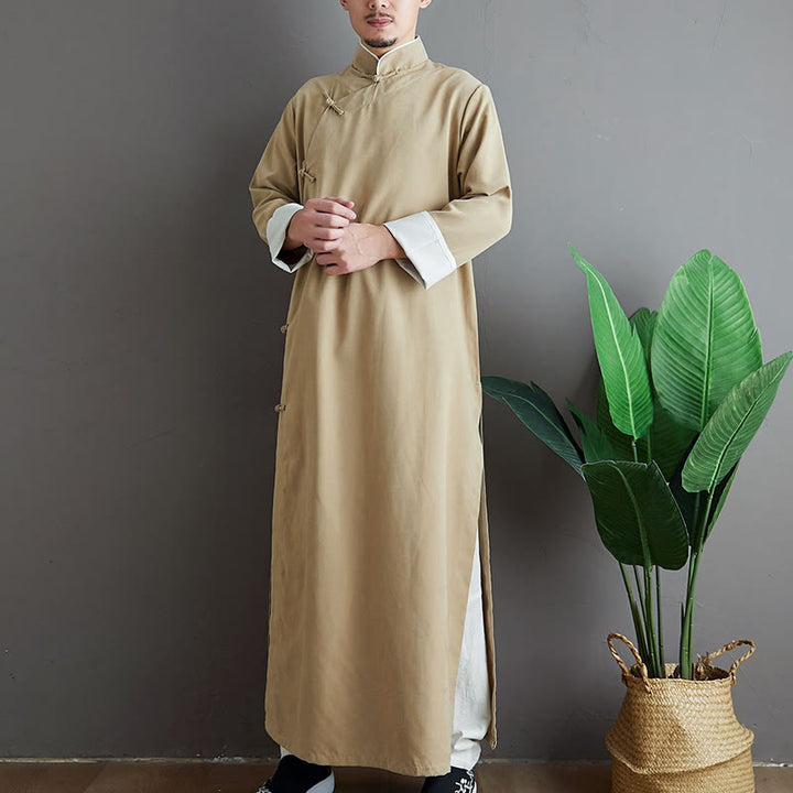 Buddha Stones Fall Solid Color Chinese Frog-Button Cotton Men's Tang Suit Robe - image 10