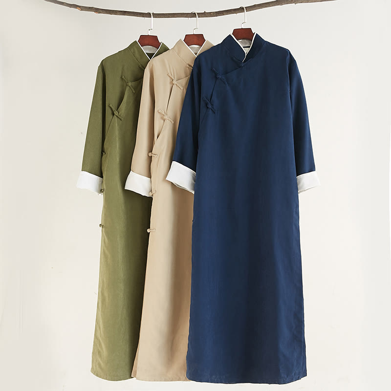 Buddha Stones Fall Solid Color Chinese Frog-Button Cotton Men's Tang Suit Robe - image 1