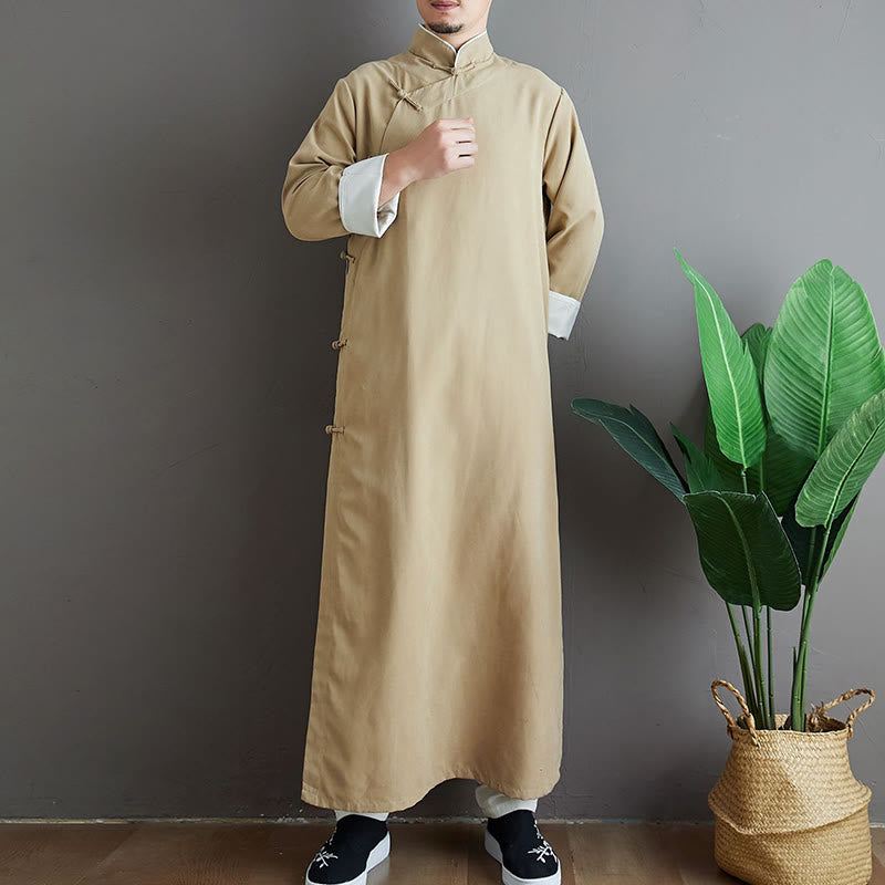 Buddha Stones Fall Solid Color Chinese Frog-Button Cotton Men's Tang Suit Robe - image 13