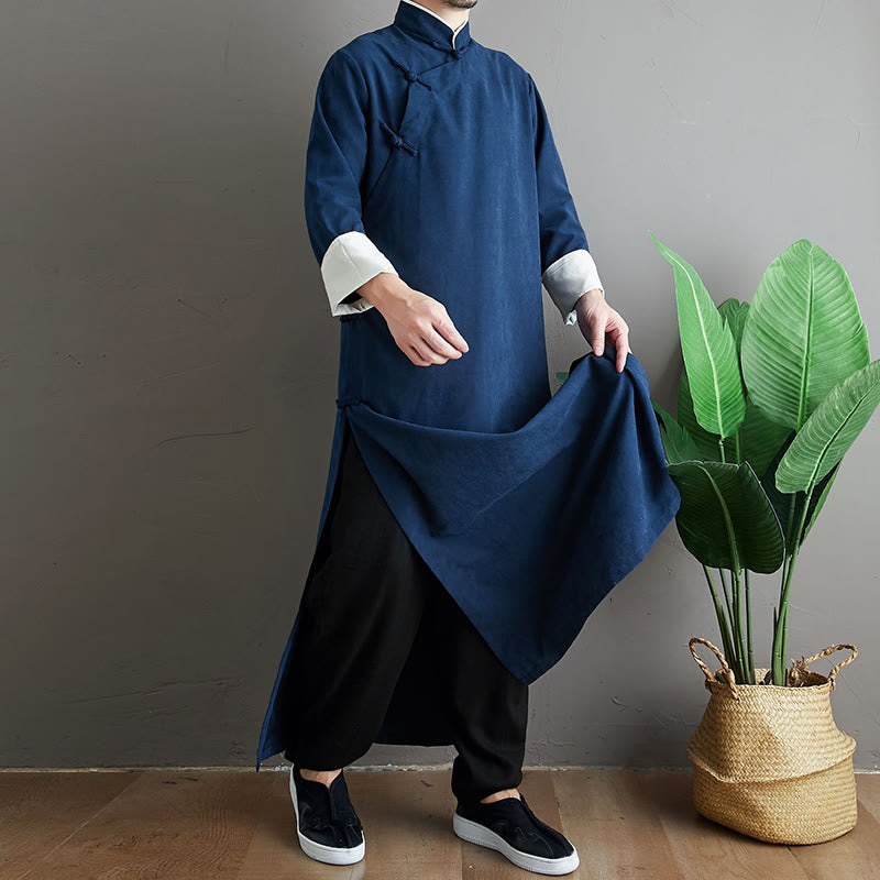 Buddha Stones Fall Solid Color Chinese Frog-Button Cotton Men's Tang Suit Robe - image 26