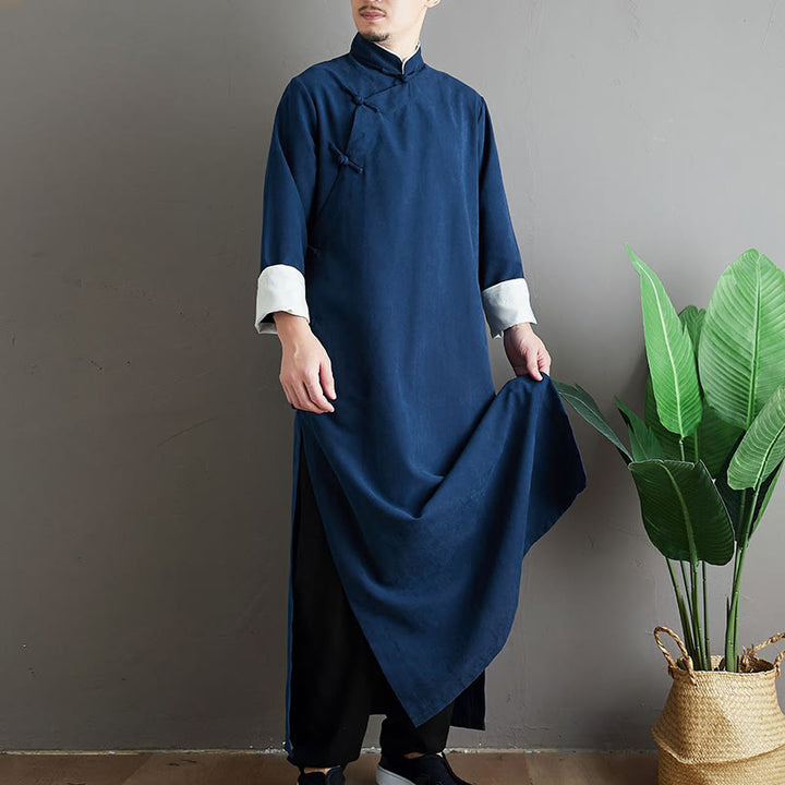 Buddha Stones Fall Solid Color Chinese Frog-Button Cotton Men's Tang Suit Robe - image 21