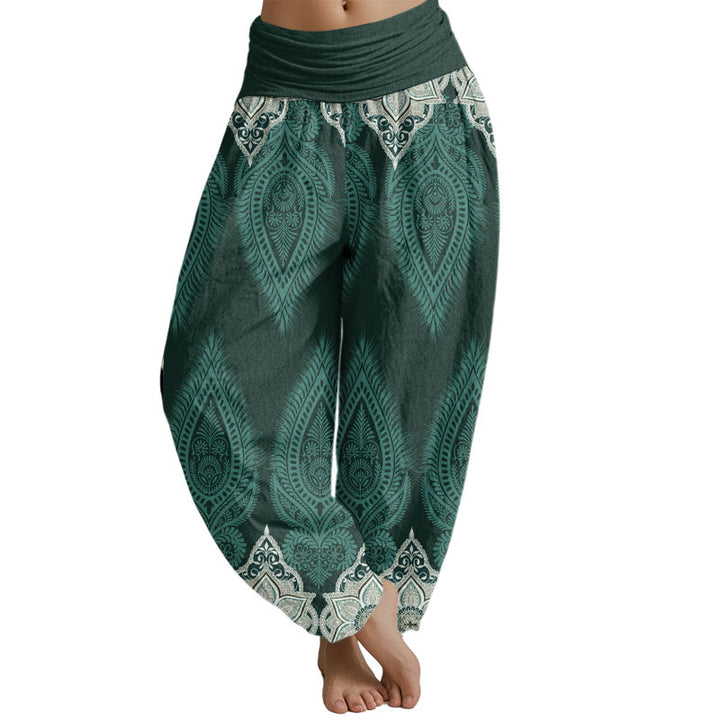 Buddha Stones Casual Feather Flower Design Women's Elastic Waist Harem Pants