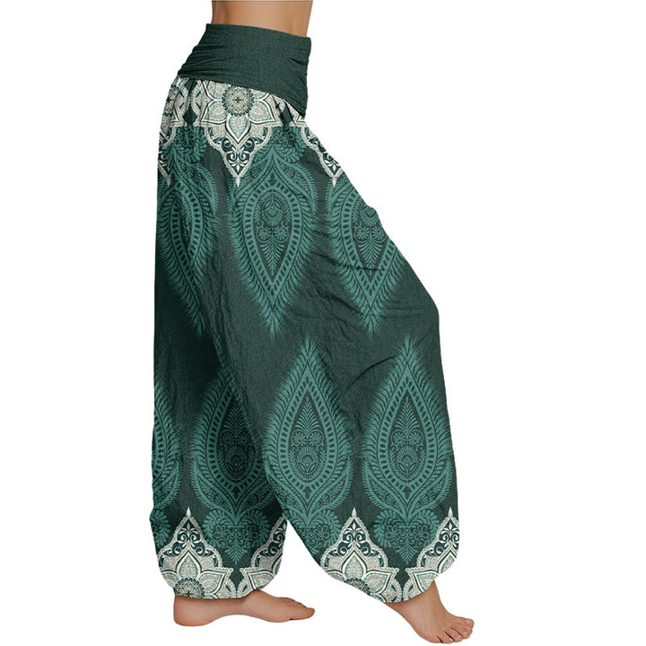 Buddha Stones Casual Feather Flower Design Women's Elastic Waist Harem Pants