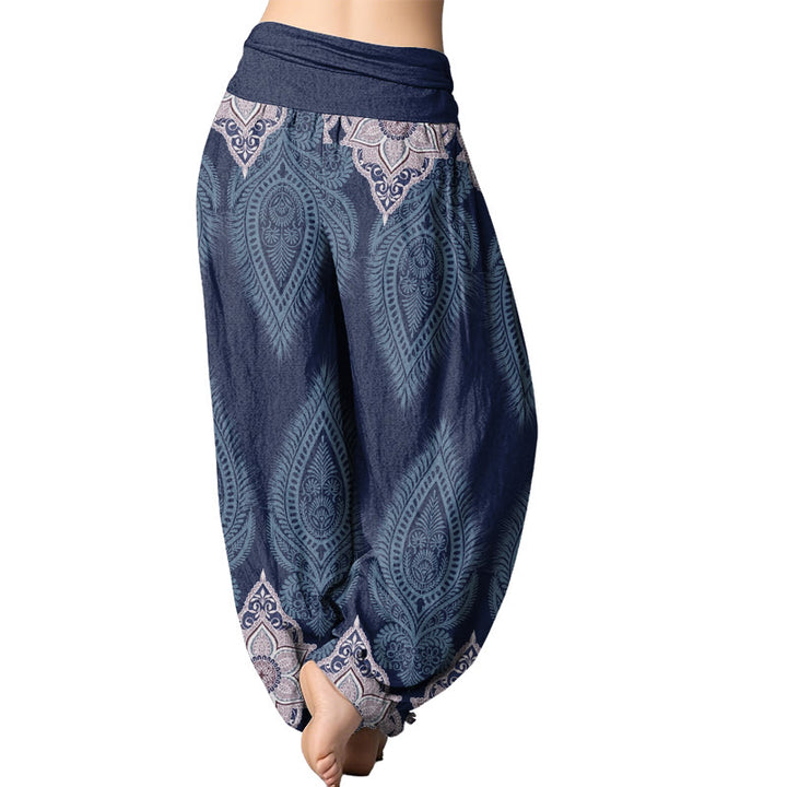 Buddha Stones Casual Feather Flower Design Women's Elastic Waist Harem Pants