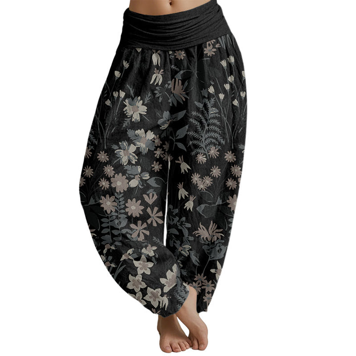 Buddha Stones Casual Daisy Flowers Leaves Design Women's Elastic Waist Harem Pants