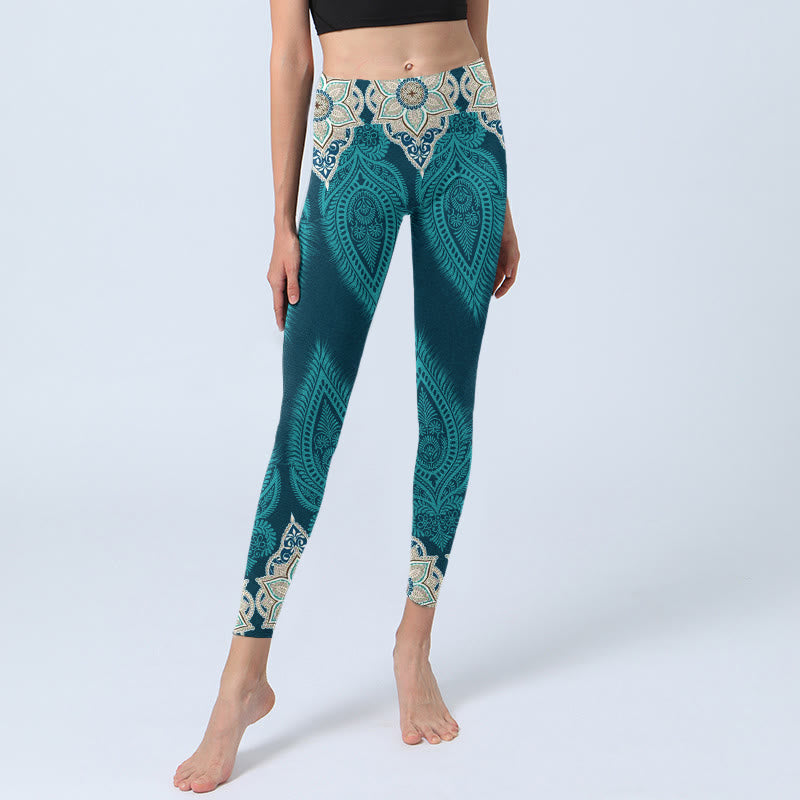 Buddha Stones Green Feather Flower Print Gym Fitness Leggings Women's Yoga Pants