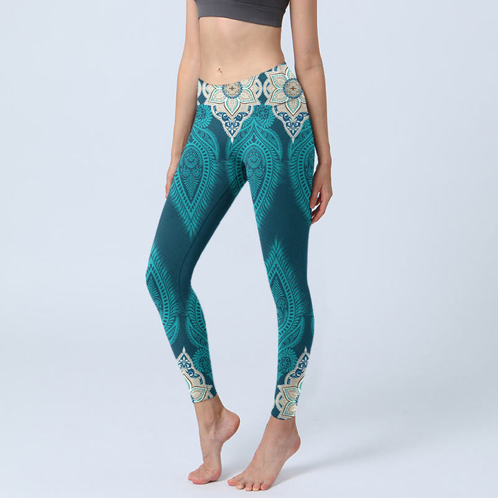 Buddha Stones Green Feather Flower Print Gym Fitness Leggings Women's Yoga Pants - CadetBlue - US18，UK/AU22，EU50 (4XL) - image 1