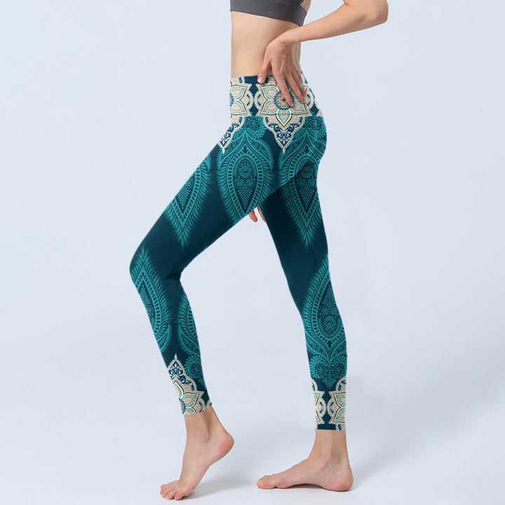 Buddha Stones Green Feather Flower Print Gym Fitness Leggings Women's Yoga Pants