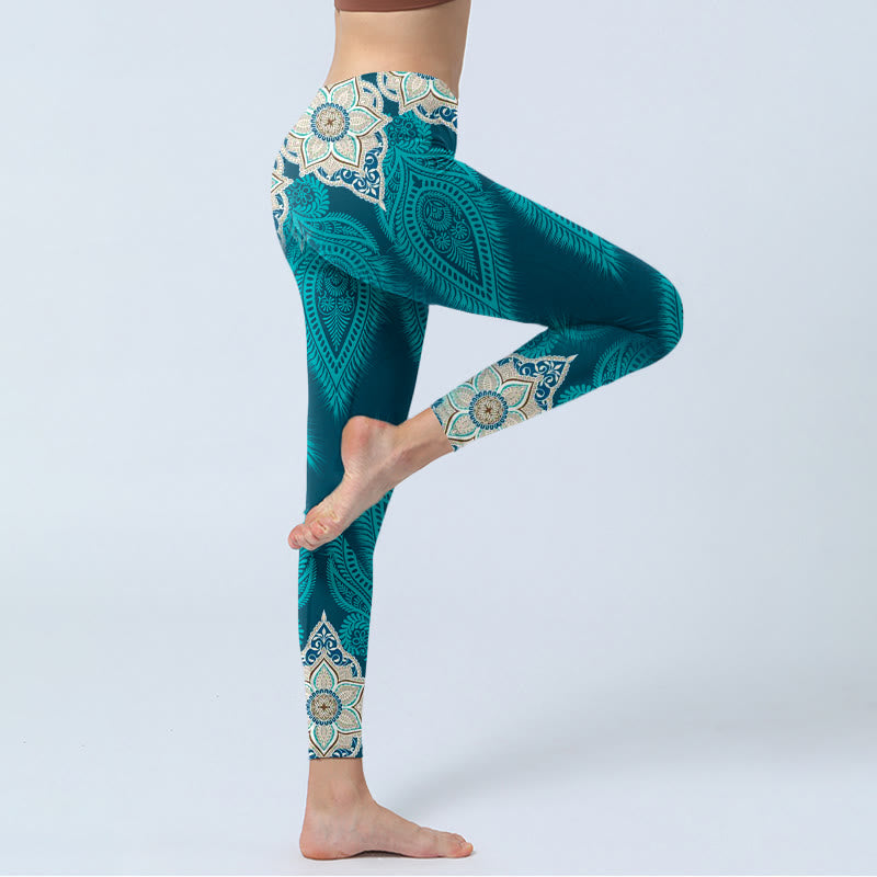 Buddha Stones Green Feather Flower Print Gym Fitness Leggings Women's Yoga Pants