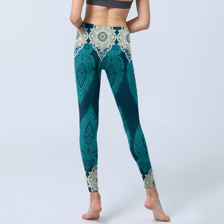 Buddha Stones Green Feather Flower Print Gym Fitness Leggings Women's Yoga Pants