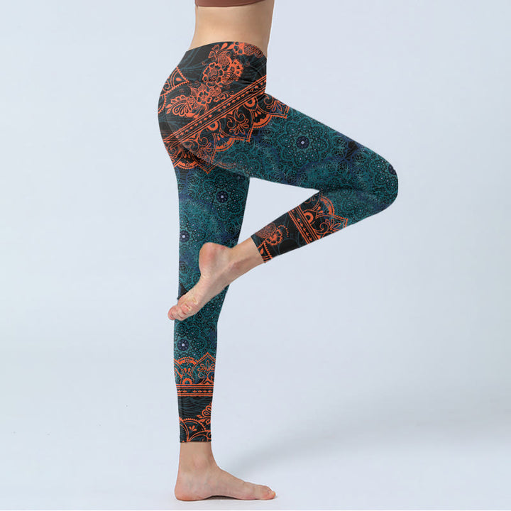 Buddha Stones Green Mandala Flower Print Gym Fitness Leggings Women's Yoga Pants