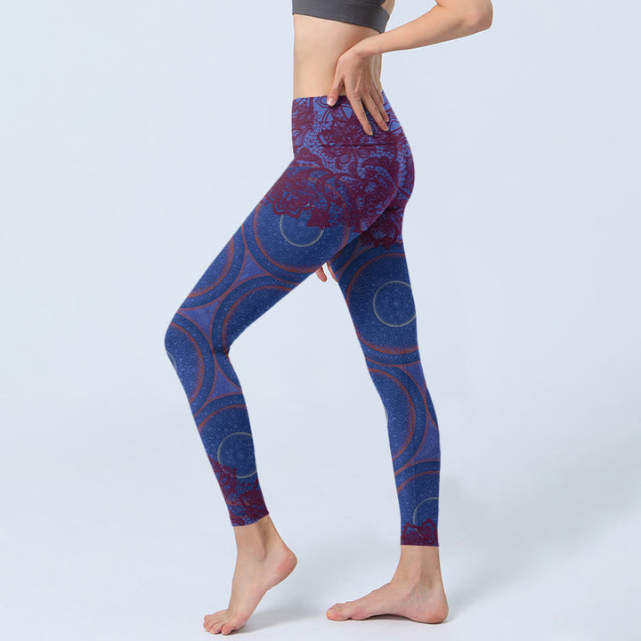 Buddha Stones Purple Compass Mandala Flower Print Gym Fitness Leggings Women's Yoga Pants