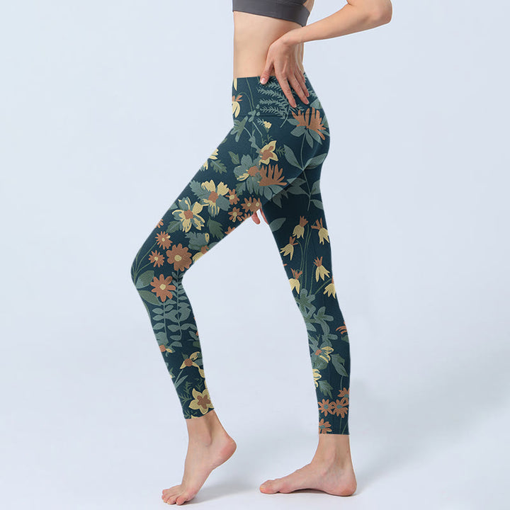 Buddha Stones Casual Daisy Flowers Leaves Print Gym Fitness Leggings Women's Yoga Pants