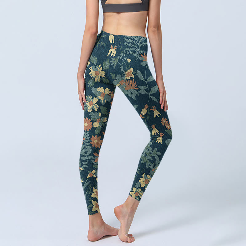 Buddha Stones Casual Daisy Flowers Leaves Print Gym Fitness Leggings Women's Yoga Pants