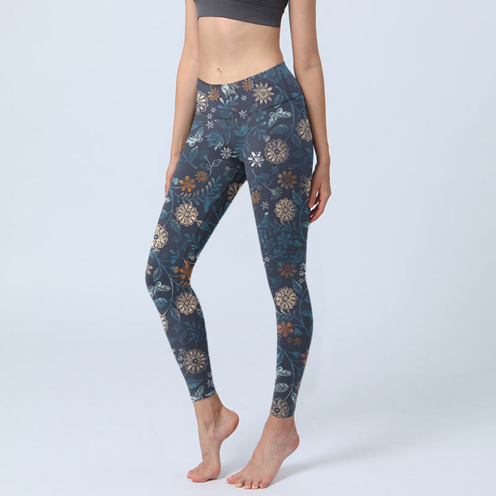 Buddha Stones New York Aster Flowers Leaves Print Gym Fitness Leggings Women's Yoga Pants - SteelBlue - US18，UK/AU22，EU50 (4XL) - image 0