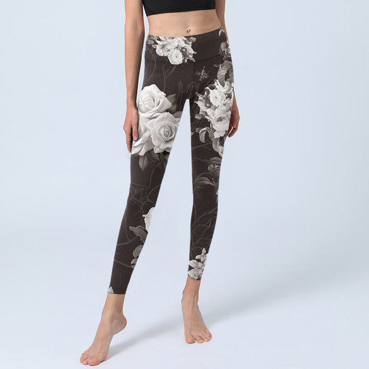 Buddha Stones Gray White Rose Print Gym Fitness Leggings Women's Yoga Pants - image 6