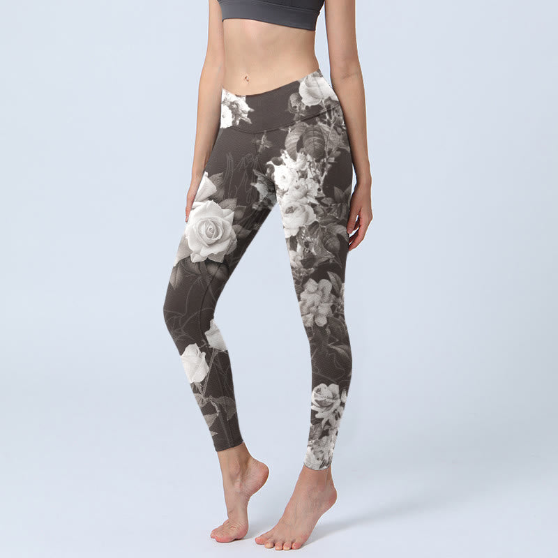 Buddha Stones Gray White Rose Print Gym Fitness Leggings Women's Yoga Pants - Gray - US18，UK/AU22，EU50 (4XL) - image 0