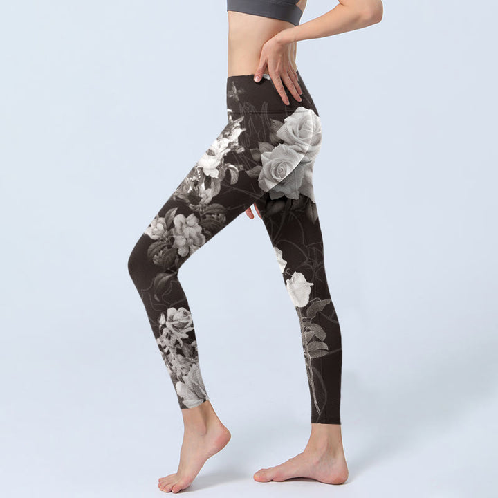 Buddha Stones Gray White Rose Print Gym Fitness Leggings Women's Yoga Pants - image 2