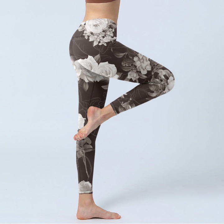 Buddha Stones Gray White Rose Print Gym Fitness Leggings Women's Yoga Pants - image 4