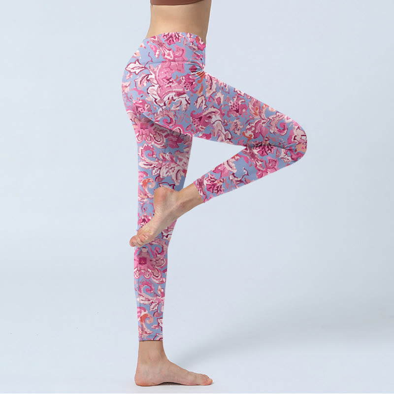 Buddha Stones Pink Flowers Print Gym Fitness Leggings Women's Yoga Pants