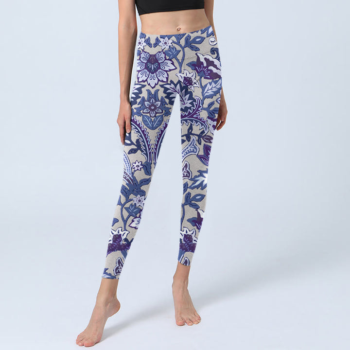 Buddha Stones Purple Flower Leaves Print Gym Fitness Leggings Women's Yoga Pants