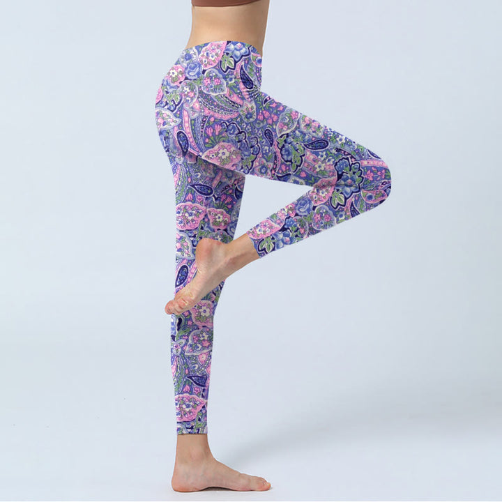 Buddha Stones Purple Pink Cashew Flower Print Gym Fitness Leggings Women's Yoga Pants