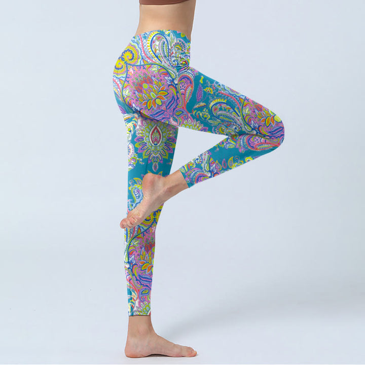 Buddha Stones Blue Pink Green Flower Print Gym Fitness Leggings Women's Yoga Pants