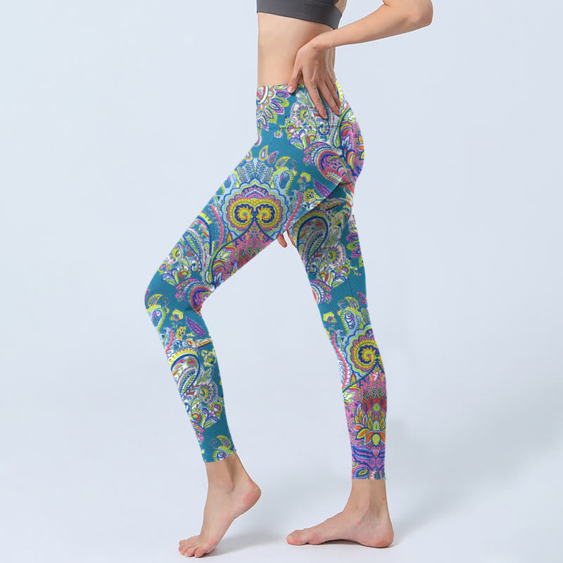 Buddha Stones Blue Pink Green Flower Print Gym Fitness Leggings Women's Yoga Pants - image 2