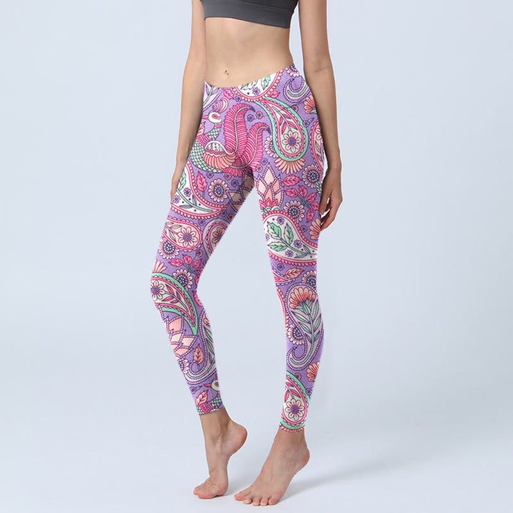 Buddha Stones Purple Pink Cashew Flower Sunflower Print Gym Fitness Leggings Women's Yoga Pants