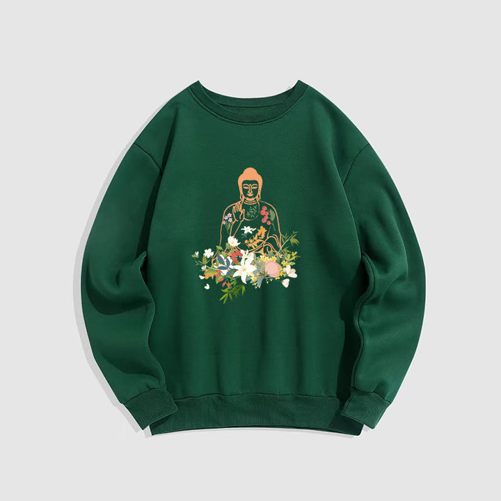 Buddha Stones Meditating Buddha Blooming Flowers Pattern Fleece Lined Sweatshirt