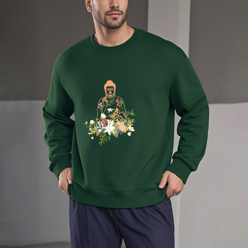 Buddha Stones Meditating Buddha Blooming Flowers Pattern Fleece Lined Sweatshirt