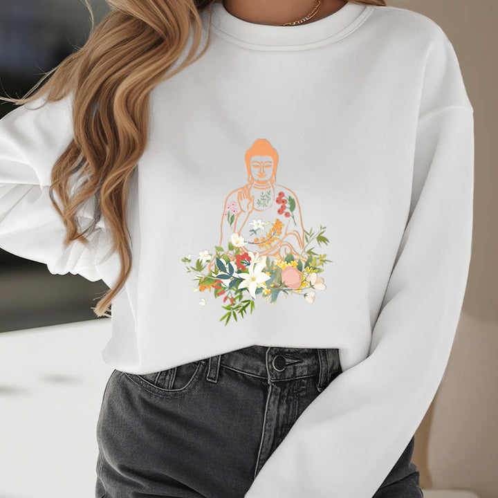 Buddha Stones Meditating Buddha Blooming Flowers Pattern Fleece Lined Sweatshirt