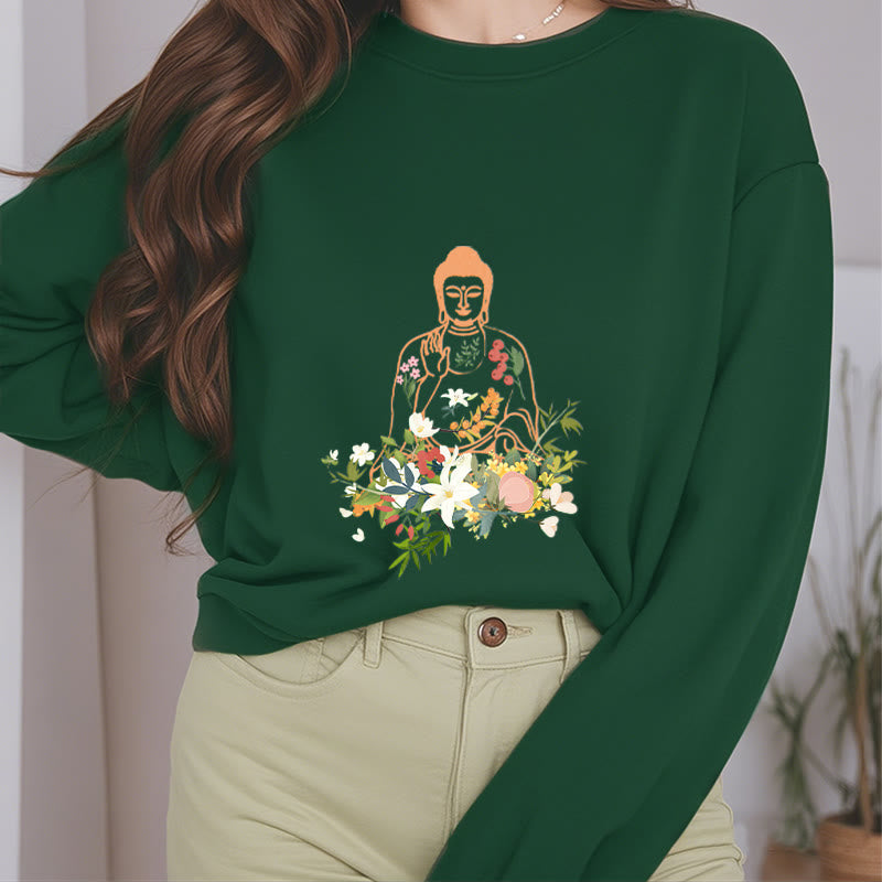 Buddha Stones Meditating Buddha Blooming Flowers Pattern Fleece Lined Sweatshirt