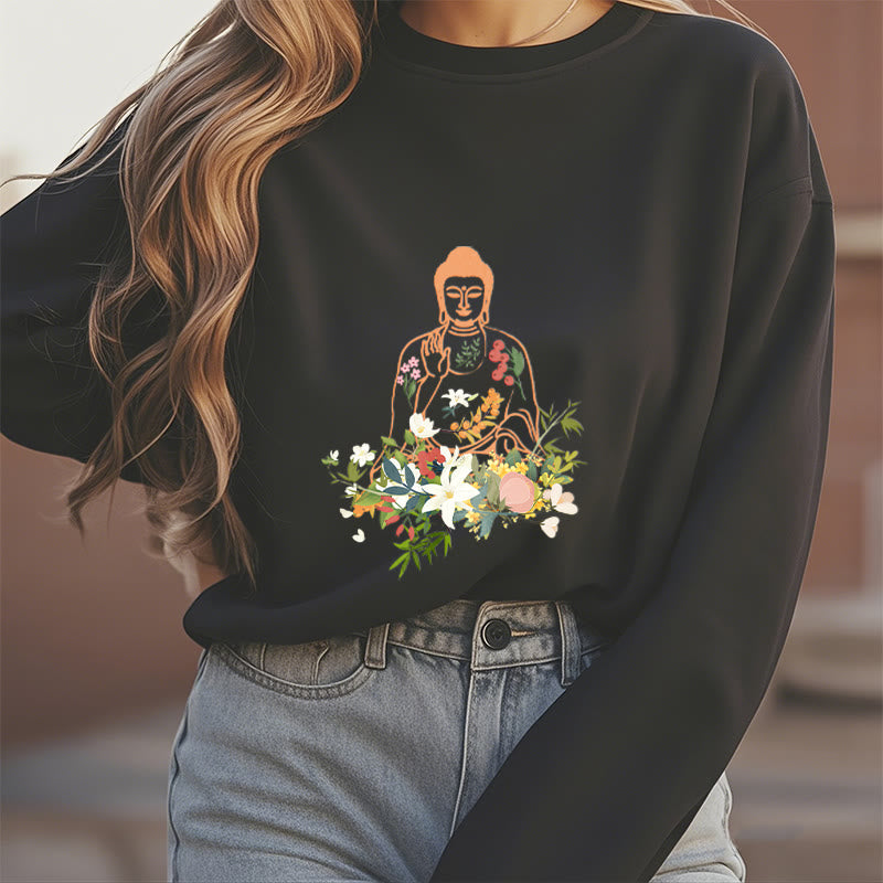 Buddha Stones Meditating Buddha Blooming Flowers Pattern Fleece Lined Sweatshirt