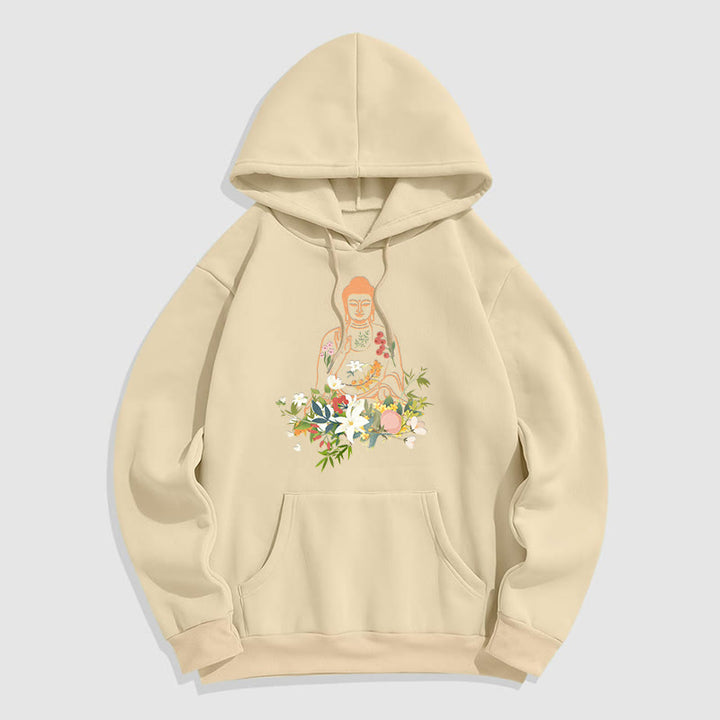 Buddha Stones Meditating Buddha Blooming Flowers Pattern Fleece Lined Hoodie