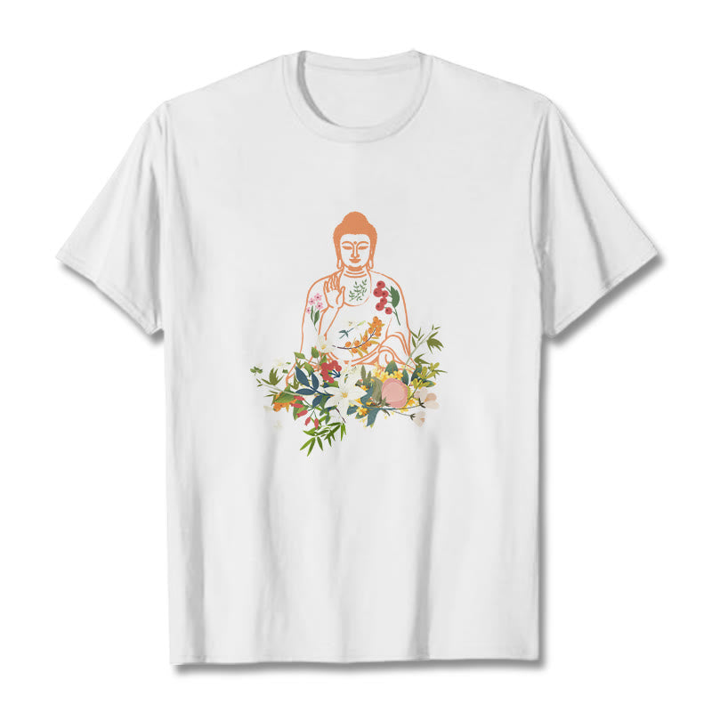 Buddha Stones Meditating Buddha Blooming Flowers Pattern Tee T-shirt - White - 2XL - image 6