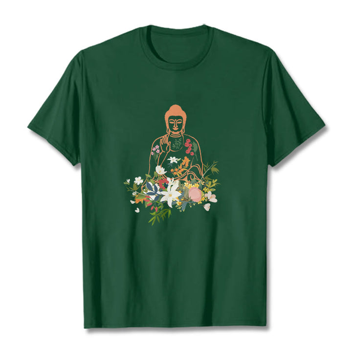 Buddha Stones Meditating Buddha Blooming Flowers Pattern Tee T-shirt - ForestGreen - 2XL - image 10