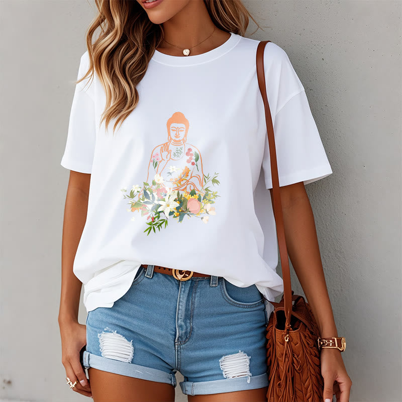 Buddha Stones Meditating Buddha Blooming Flowers Pattern Tee T-shirt - image 7