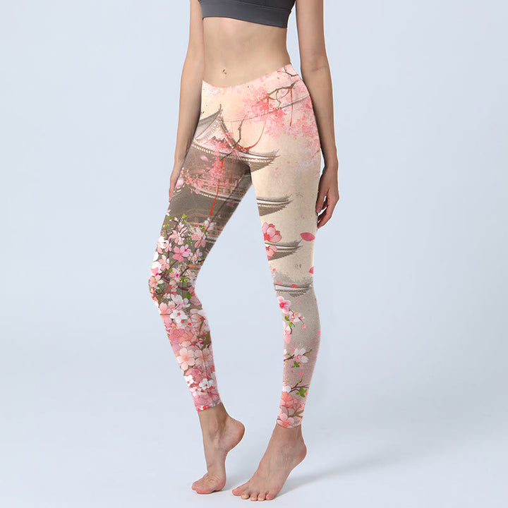 Buddha Stones Pink Sakura Antique Building Print Fitness Leggings Women's Yoga Pants