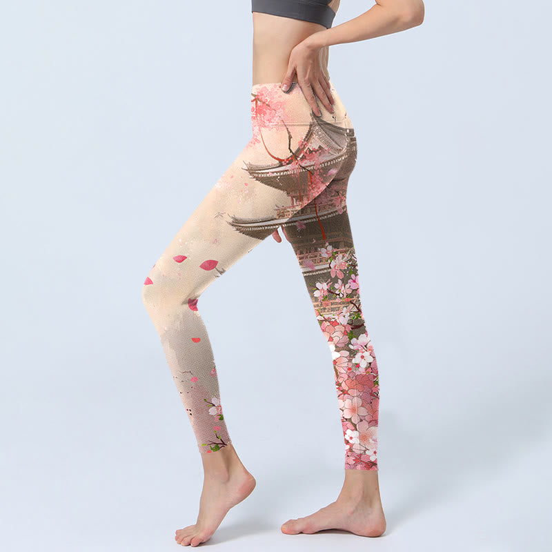 Buddha Stones Pink Sakura Antique Building Print Fitness Leggings Women's Yoga Pants