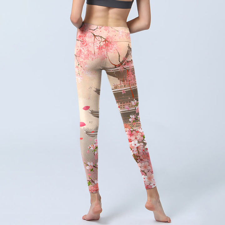 Buddha Stones Pink Sakura Antique Building Print Fitness Leggings Women's Yoga Pants