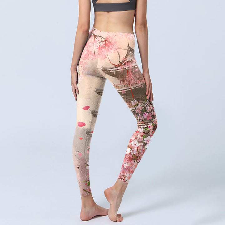 Buddha Stones Pink Sakura Antique Building Print Fitness Leggings Women's Yoga Pants - image 4
