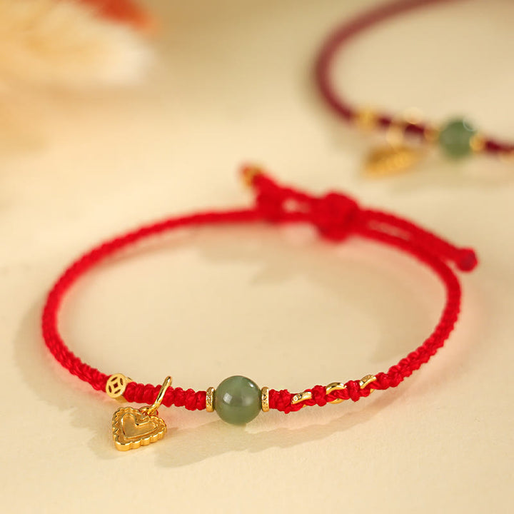 Buddha Stones 925 Sterling Silver Hetian Jade Bead Copper Coin Love Heart Charm Luck Bracelet - Red Rope(Wrist Circumference: 14-16cm) - image 0