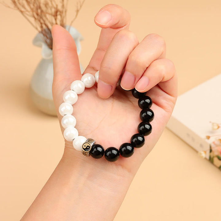 Buddha Stones Black Obsidian White Porcelain Beads Yin Yang Fulfilment Bracelet