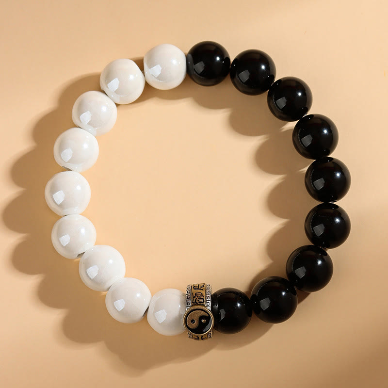 Buddha Stones Black Obsidian White Porcelain Beads Yin Yang Fulfilment Bracelet