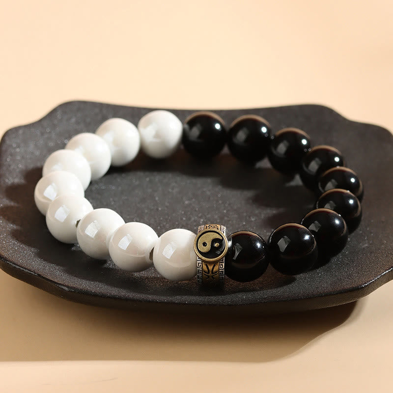 Buddha Stones Black Obsidian White Porcelain Beads Yin Yang Fulfilment Bracelet