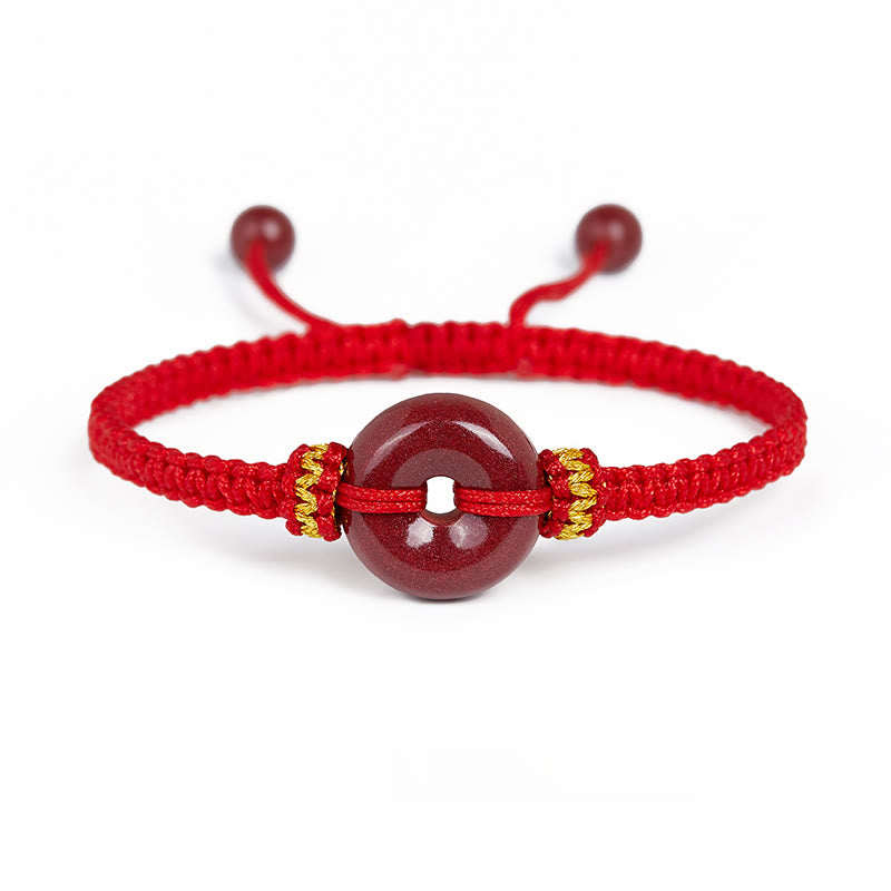 Buddha Stones Handmade Cinnabar Round Peace Buckle Concentration Braided Bracelet