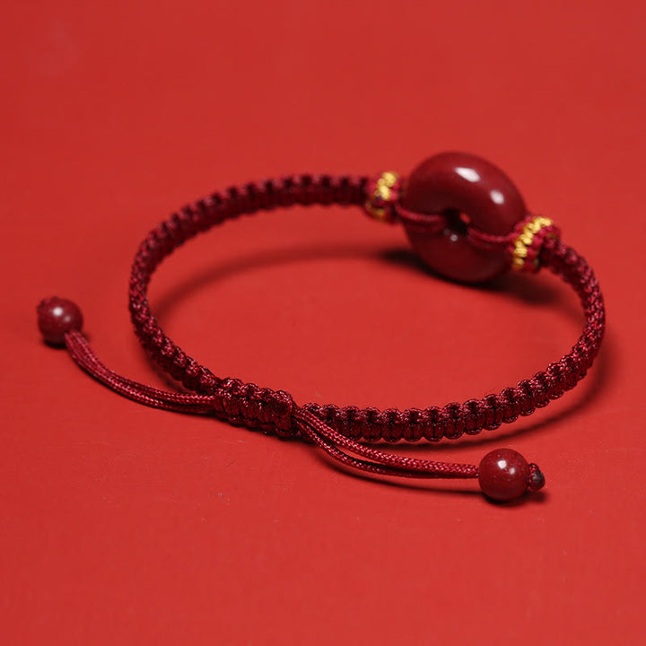 Buddha Stones Handmade Cinnabar Round Peace Buckle Concentration Braided Bracelet