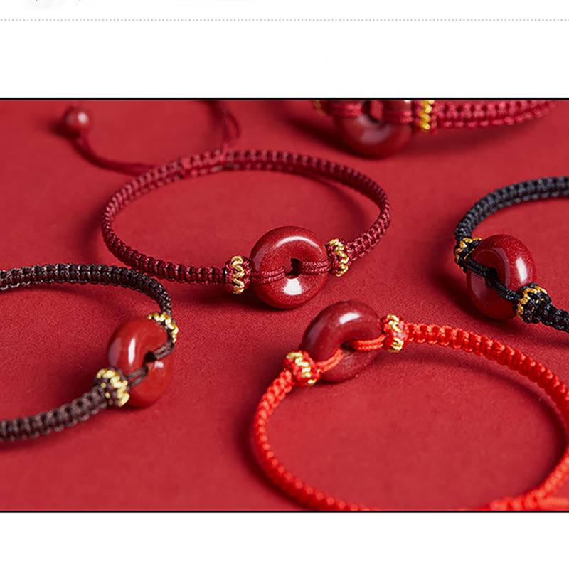 Buddha Stones Handmade Cinnabar Round Peace Buckle Concentration Braided Bracelet